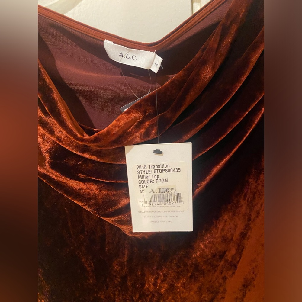A.L.C. Miller Top in Cognac Size 14 Silk Blend Velvet Cowl Neck Long Sleeve